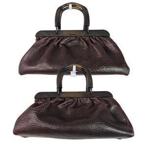 Gucci Brown Pebble Leather Wood Handle Vintage Purse Handbag Dr's Bag Satchel